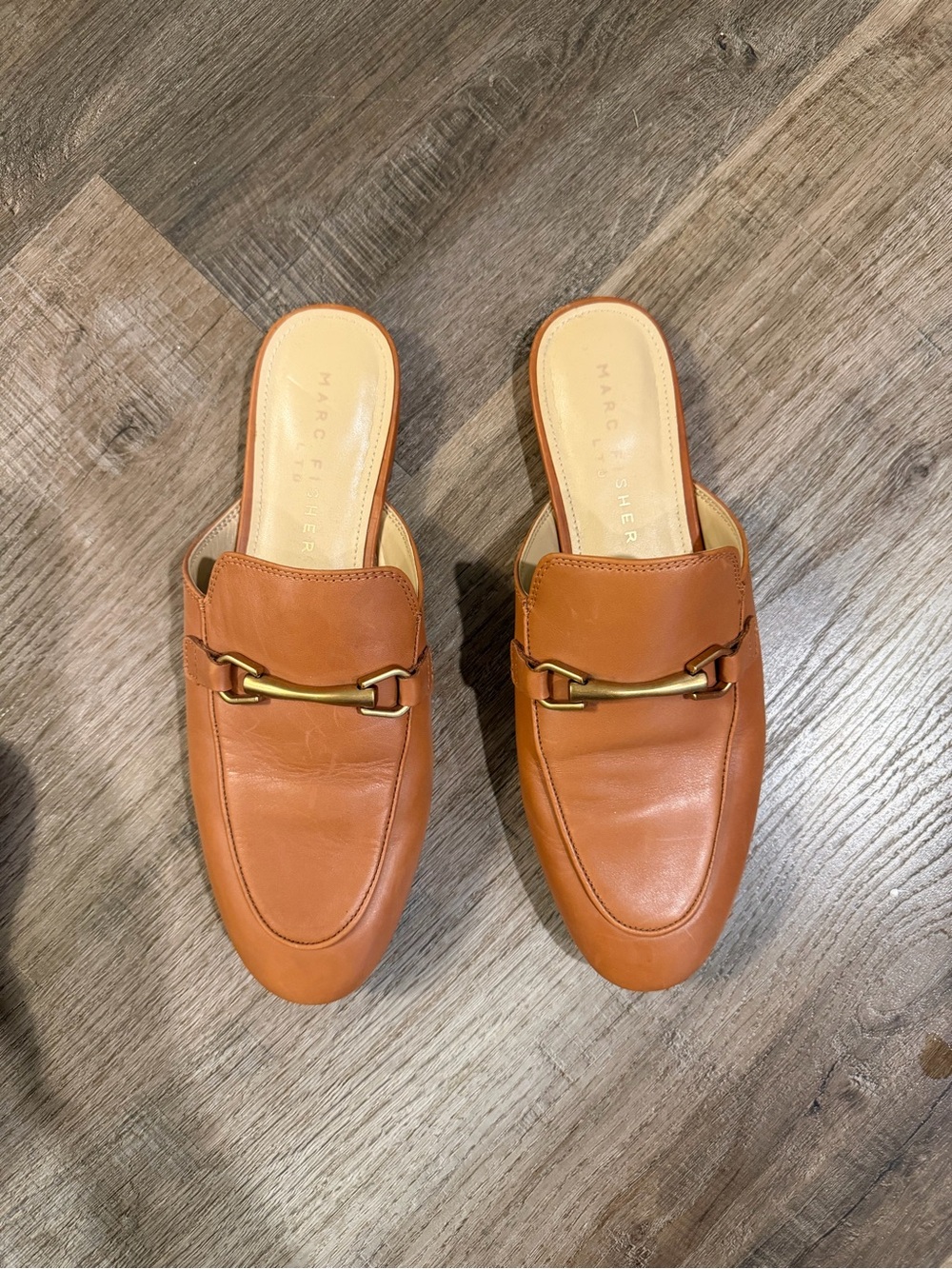 Marc Fisher Tan Leather Slip-On Mule with Gold Horsebit size 7.5